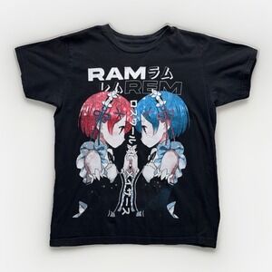 Re Zero Ram Rem Anime T Shirt Mens S Black Manga Distressed Graphic Twin Waifu